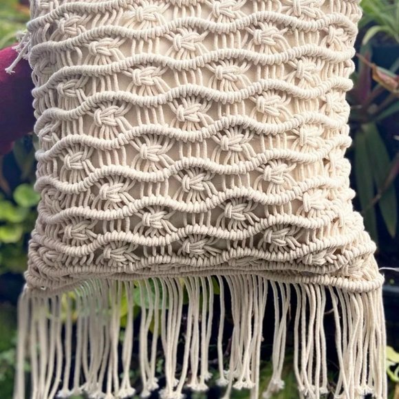 Macrame Cushion Cover, Waves, Ivory, 16x16 Inches, Pack of 1 - Picture 7 of 7
